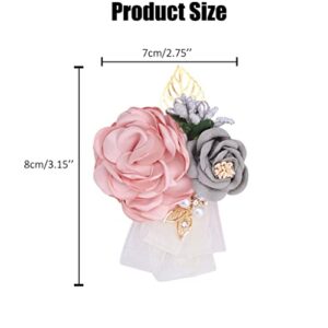 QUUPY Pink Grey Wedding Bride Wrist Corsage Wristlet Band Bridesmaid Wrist Flower Artificial Rose Faux Pearl Bracelet Hand Flower Decor for Prom Party