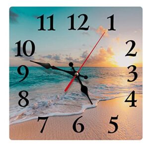 wall clock, square non-ticking silent battery operated clock 12 inch, sea beach blue sky sand home decor for living room, bathroom, bedroom, kitchen, office or school