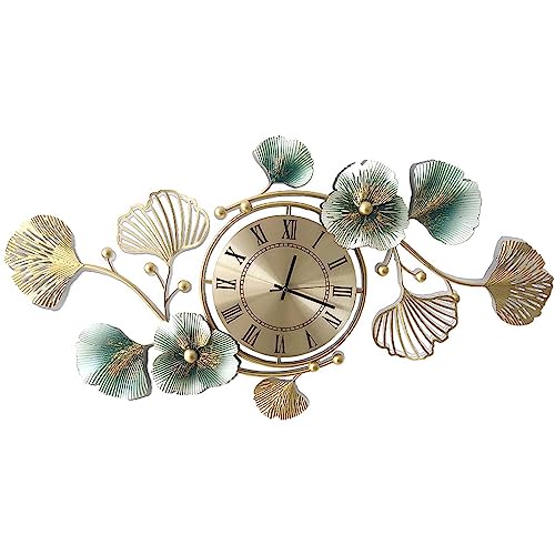 Clock for Living Room，Metal Large Wall Clock for Living Room，Big Clocks for Wall Living Room Ginkgo Leaf Design Wall Clock Silent Non Ticking，33 Inch