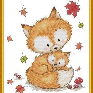 14 CT Cross Stitch Kits for Beginners Fox Mother Love Printed Stamped Cross-Stitch Supplies Needlework Printed Embroidery Kits DIY Kits Needlepoint Starter Kits 26×30cm