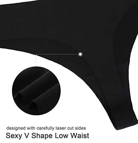 Sexy Thongs for Women, No Show Panties V-waisted Stretch Breathable, Seamless Thong Underwear 6 Pack Small Black