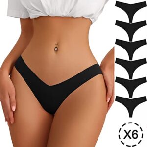 Sexy Thongs for Women, No Show Panties V-waisted Stretch Breathable, Seamless Thong Underwear 6 Pack Small Black