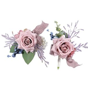 lengenyen pink corsage and boutonniere set，2pcs artificial rose wrist corsage for groom bride groomsmen bridesmaids, men boutonniere for prom party wedding decorations(pink)