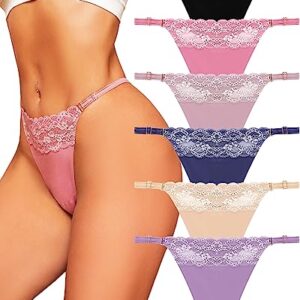 FINETOO 6 Pack Adjustable G String Thongs for Women Seamless Underwear High Cut Lace Trim Thong Womens Panties Sexy S-XL