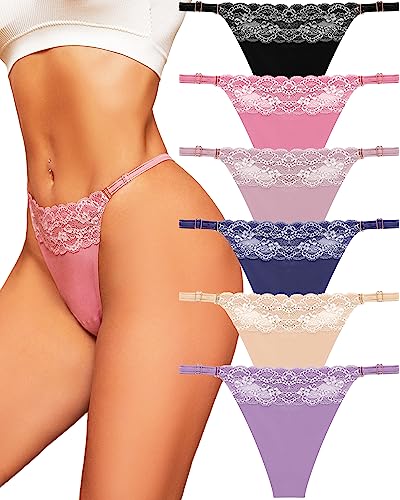 FINETOO 6 Pack Adjustable G String Thongs for Women Seamless Underwear High Cut Lace Trim Thong Womens Panties Sexy S-XL