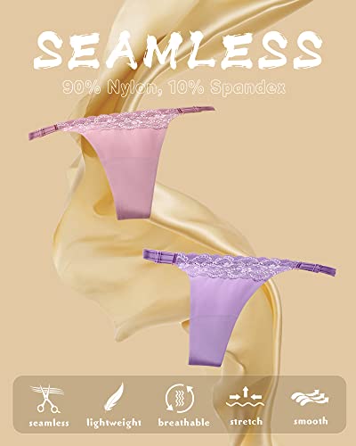 FINETOO 6 Pack Adjustable G String Thongs for Women Seamless Underwear High Cut Lace Trim Thong Womens Panties Sexy S-XL