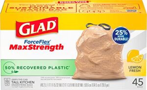 glad forceflex maxstrength tall kitchen drawstring trash bags, 13 gallon, 50% recovered plastic, lemon fresh, 45 count