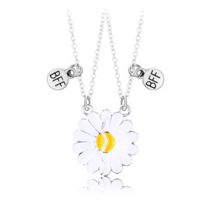 2Pcs Half Sunflower Pendant Necklace Set for Girl Women Friend Teen Long Distance Matching Adjustable Link Chain BFF Necklace Friendship Jewelry Birthday Gift -Silver