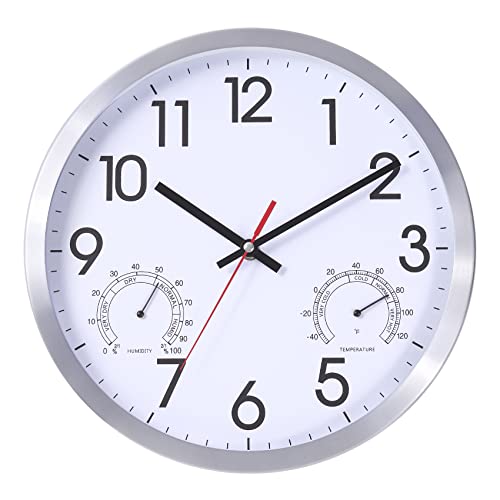 Vigorwise 12 Inch Wall Clock with Temperature & Humidity, Battery Operated Aluminum Frame Wall Clocks, Sweep Silent Movement Accurate Clocks, Decorative for Kitchen Living Room