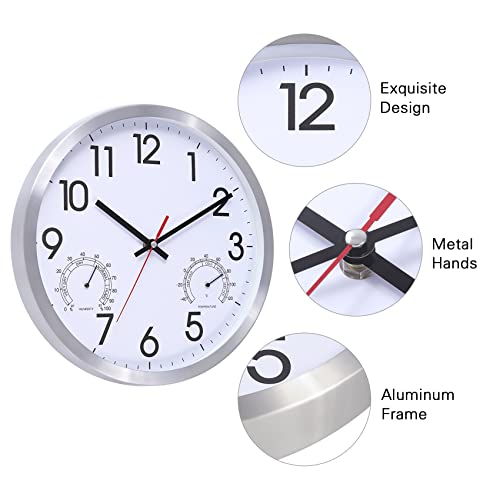 Vigorwise 12 Inch Wall Clock with Temperature & Humidity, Battery Operated Aluminum Frame Wall Clocks, Sweep Silent Movement Accurate Clocks, Decorative for Kitchen Living Room