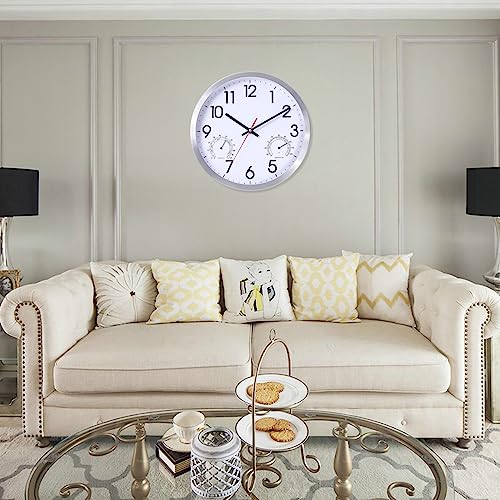 Vigorwise 12 Inch Wall Clock with Temperature & Humidity, Battery Operated Aluminum Frame Wall Clocks, Sweep Silent Movement Accurate Clocks, Decorative for Kitchen Living Room