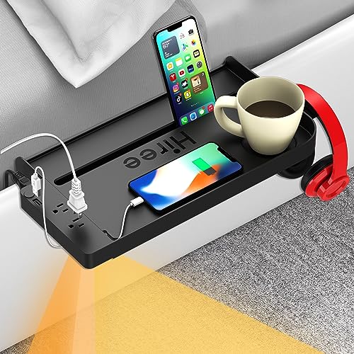 Hiree Bedside Shelf with USB Charging Port, Bunk Bed Shelf Organizer College Dorm Room Essential Clip On Nightstand Tray with Cup Holder, AC Outlets and Night Light, Bedroom Accessories, Black