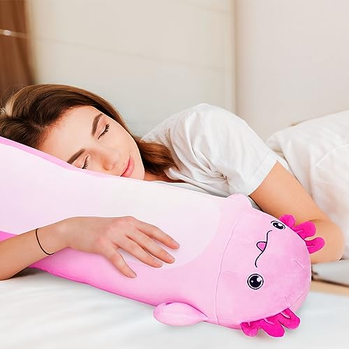 Axolotl Plush Pillow, Long Soft Stuffed Animal Body Plush, Cute Animal Plush Pillow, Kawaii Axolotl Toy Gift for Girls Boys (Pink)