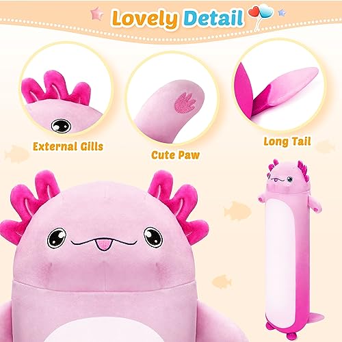 Axolotl Plush Pillow, Long Soft Stuffed Animal Body Plush, Cute Animal Plush Pillow, Kawaii Axolotl Toy Gift for Girls Boys (Pink)