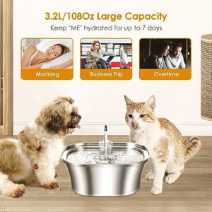 Cat Water Fountain, 3.2L/108oz Automatic Stainless Steel Pet Water Fountain, Ship-Shaped Cat Drinking Fountains Pet Water Bowl Dispenser with Ultra-Quiet Pump for Cats, Pets, Dishwasher Safe