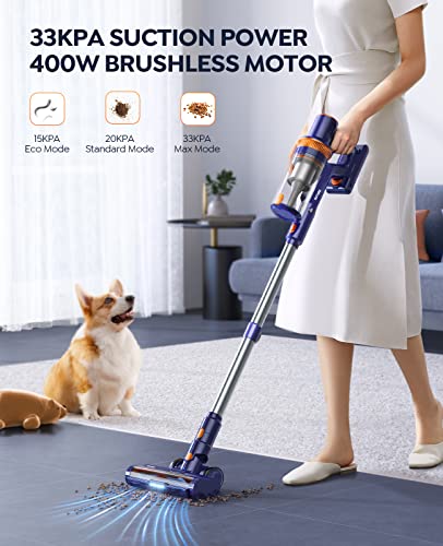 BuTure Cordless Vacuum Cleaner, 33Kpa 400W with Brushless Motor Headlights Stick Vacuum Handheld Wireless Household Vacuum Cleaner for Pet Hair Carpet and Hard Floor