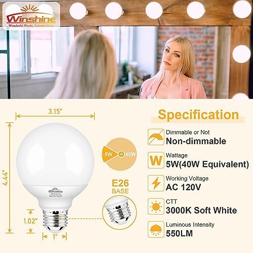 winshine 8 Pack E26 LED Globe Light Bulbs, 3000K Soft White 40W Equivalent 120V Bathroom Light Bulbs, G25 Vanity Light Bulb for Bathroom Makeup Mirror, Bedroom Lights CRI85+, 550LM, Non-dimmable