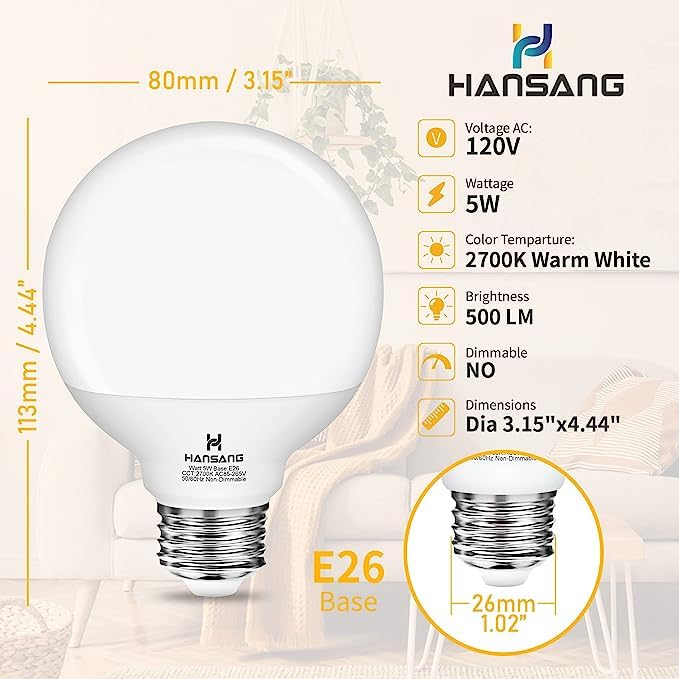 hansang 8 Pack Vanity Light Bulbs for Bathroom, 2700K Warm White E26 Base Round LED Globe Bulb, 40W Equivalent, G25 Vanity Light Bulb for Makeup Mirror Bedroom 120V, CRI85+, 500LM, Non-dimmable