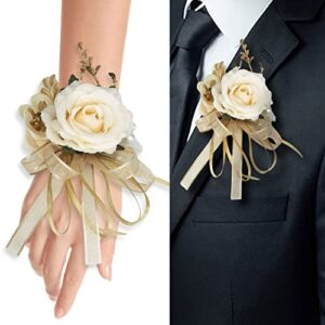 cileruide beige rose wrist flower corsage & boutonniere set for wedding bride bridesmaid groom groomsmen parents suit lapel pin button hole flower for prom homecoming, tea party, formal dinner