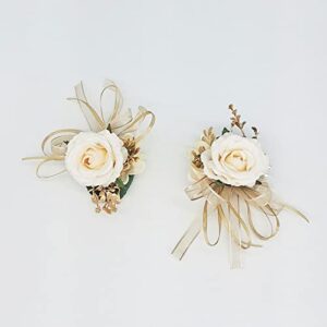 Cileruide Beige Rose Wrist Flower Corsage & Boutonniere Set for Wedding Bride Bridesmaid Groom Groomsmen Parents Suit Lapel Pin Button Hole Flower for Prom Homecoming, Tea Party, Formal Dinner