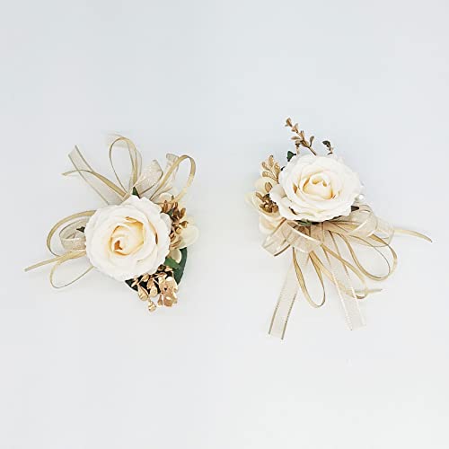 Cileruide Beige Rose Wrist Flower Corsage & Boutonniere Set for Wedding Bride Bridesmaid Groom Groomsmen Parents Suit Lapel Pin Button Hole Flower for Prom Homecoming, Tea Party, Formal Dinner