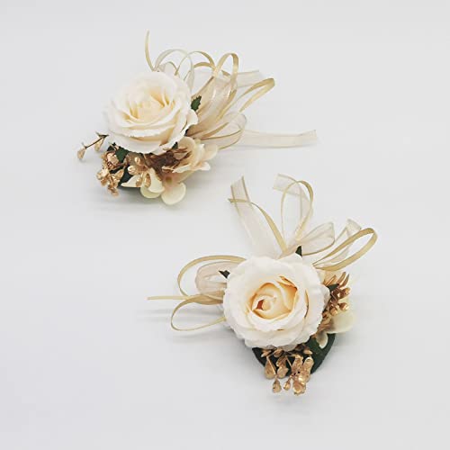 Cileruide Beige Rose Wrist Flower Corsage & Boutonniere Set for Wedding Bride Bridesmaid Groom Groomsmen Parents Suit Lapel Pin Button Hole Flower for Prom Homecoming, Tea Party, Formal Dinner