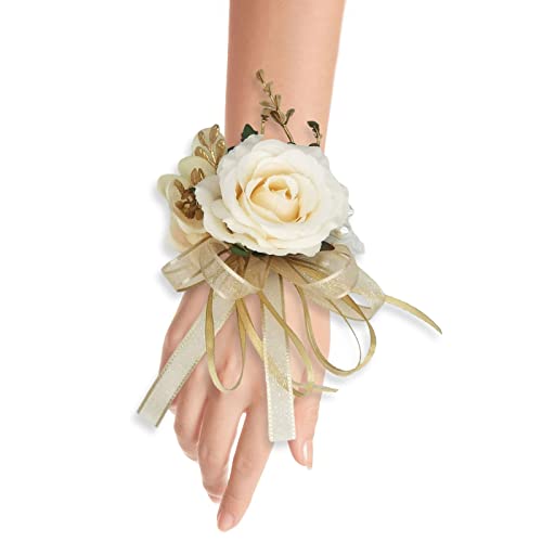 Cileruide Beige Rose Wrist Flower Corsage & Boutonniere Set for Wedding Bride Bridesmaid Groom Groomsmen Parents Suit Lapel Pin Button Hole Flower for Prom Homecoming, Tea Party, Formal Dinner