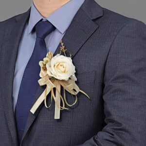 Cileruide Beige Rose Wrist Flower Corsage & Boutonniere Set for Wedding Bride Bridesmaid Groom Groomsmen Parents Suit Lapel Pin Button Hole Flower for Prom Homecoming, Tea Party, Formal Dinner