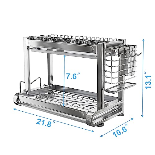 Dish Drying Rack, Stainless Steel Dish Rack, Rustproof Dish Drainers for Kitchen Counter, Multifunctional 2 Tier Dish Drainers Organizer with Drainboard & Utensil Holder