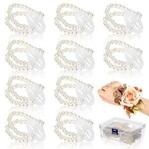 boardfeb corsage wristlet band 16 pcs elastic pearl bracelet wrist corsage bracelets diy flower bracelet with storage box for bride prom accessories wedding party decorations
