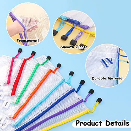 Mesh Zipper Pouch 30PCS Waterproof Zipper Bags 8 Sizes 8 Colors Plastic Document Pouch for Organizing School Supplies, Office Appliances, Home Organize and Travel Storage