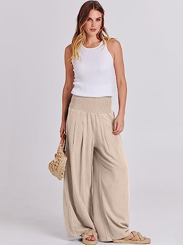 ANRABESS Women Linen Palazzo Pants Summer Boho Wide Leg High Waist Casual Lounge Pant Trousers with Pocket 1091mixing-S