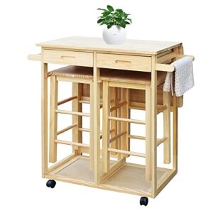 antsku 3pcs drop leaf table, rolling kitchen tables for small spaces, space saving dining table set for 2, natural