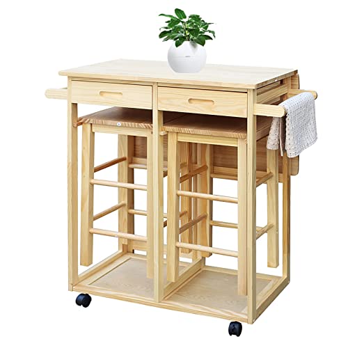 ANTSKU 3Pcs Drop Leaf Table, Rolling Kitchen Tables for Small Spaces, Space Saving Dining Table Set for 2, Natural