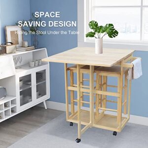 ANTSKU 3Pcs Drop Leaf Table, Rolling Kitchen Tables for Small Spaces, Space Saving Dining Table Set for 2, Natural