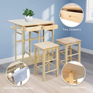 ANTSKU 3Pcs Drop Leaf Table, Rolling Kitchen Tables for Small Spaces, Space Saving Dining Table Set for 2, Natural