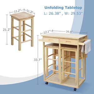 ANTSKU 3Pcs Drop Leaf Table, Rolling Kitchen Tables for Small Spaces, Space Saving Dining Table Set for 2, Natural