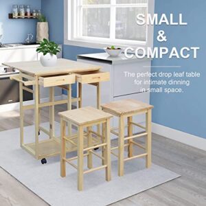 ANTSKU 3Pcs Drop Leaf Table, Rolling Kitchen Tables for Small Spaces, Space Saving Dining Table Set for 2, Natural