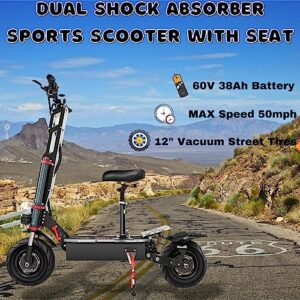 Tumotcy Electric Scooter Adult 5600w Dual Motor, Max Speed 50MPH Range 70 Miles, 12 Inch Street Tires Commuter Dual Suspension E-Scooter with Seat