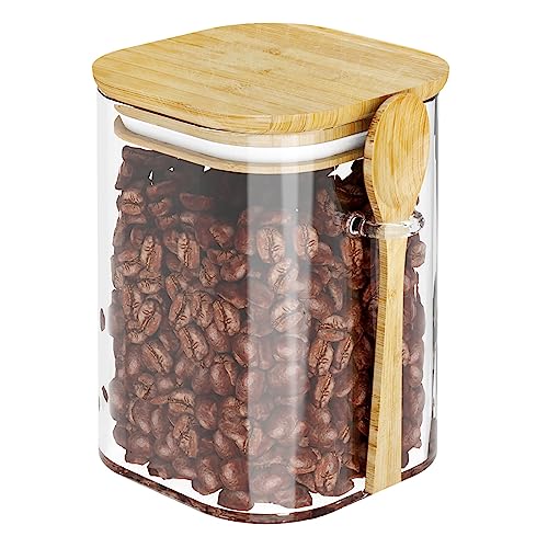 JunVpic Glass Jar with Bamboo Lid - 17 Oz Square Storage Container Canister with Scoop Spoon for Cube Sugar, Coffee Beans, Creamer, Tea, Bath Salt, Chia Organizer, Pack of 1