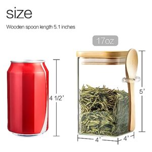 JunVpic Glass Jar with Bamboo Lid - 17 Oz Square Storage Container Canister with Scoop Spoon for Cube Sugar, Coffee Beans, Creamer, Tea, Bath Salt, Chia Organizer, Pack of 1