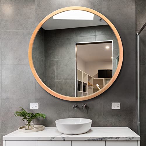 FUWU HOME Wood Round Mirror 24" Circle Wall Mirror Farmhouse Bathroom Vanity Mirror for Living Room Bedroom Entryway Modern Decoration (24" Freely Natural Beech Wood)