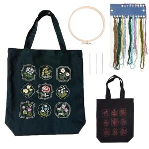 wadorn diy canvas tote bag embroidery kit, flower pattern canvas bag materials making set diy embroidery bag cross stitch kits personalized canvas bag kits include hoops needles for adults, black 1
