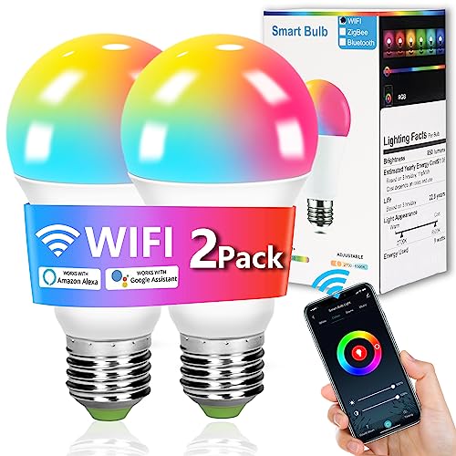 kuwikfule LED Smart Light Bulbs 2 Pack A19 Smart Light Bulbs,RGB Color Changing Light Bulb,Bluetooth&WiFi Light Bulb,Rainbow LED Bulbs,Google Home & Alexa Light Bulb with Speaker