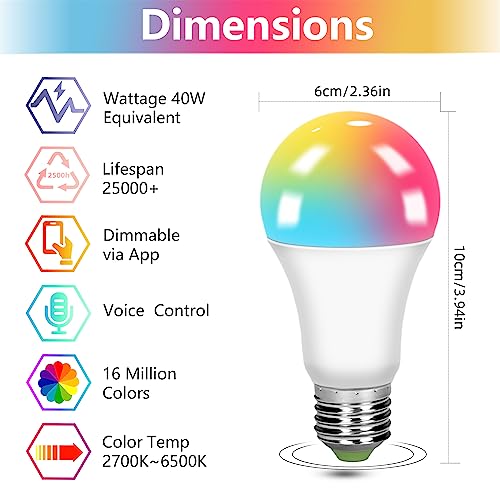 kuwikfule LED Smart Light Bulbs 2 Pack A19 Smart Light Bulbs,RGB Color Changing Light Bulb,Bluetooth&WiFi Light Bulb,Rainbow LED Bulbs,Google Home & Alexa Light Bulb with Speaker