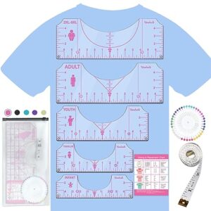 tshirt ruler guide vinyl alignment tool - sublimation accessories, t shirt rulers to center designs, transparent v-neck/round pvc ruler for adult youth toddler infant 2xl-6xl