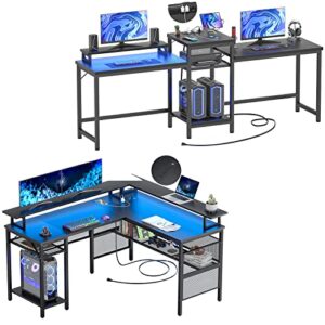 unikito l shaped desk with led strip and power outlets, 2 person computer desk with led light and power outlet, double gaming desk,black