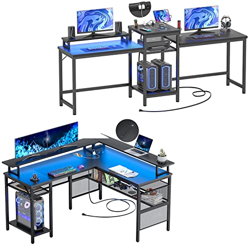 Unikito L Shaped Desk with LED Strip and Power Outlets, 2 Person Computer Desk with LED Light and Power Outlet, Double Gaming Desk,Black