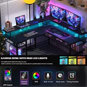 Unikito L Shaped Desk with LED Strip and Power Outlets, 2 Person Computer Desk with LED Light and Power Outlet, Double Gaming Desk,Black