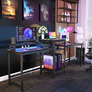 Unikito L Shaped Desk with LED Strip and Power Outlets, 2 Person Computer Desk with LED Light and Power Outlet, Double Gaming Desk,Black